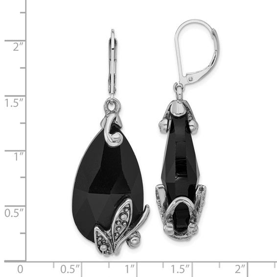 1928 Silver-tone Black Crystal Teardrop Dangle Leverback Earrings