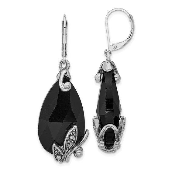 1928 Silver-tone Black Crystal Teardrop Dangle Leverback Earrings