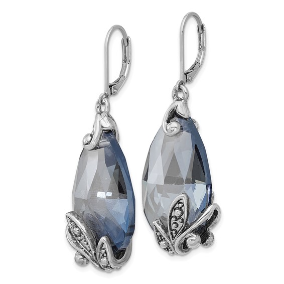 1928 Silver-tone Blue Crystal Teardrop Dangle Leverback Earrings