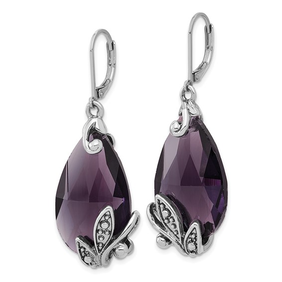1928 Silver-tone Purple Teardrop Dangle Leverback Earrings