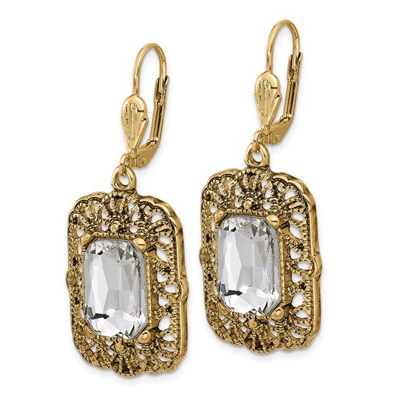 1928 Gold-tone Crystal Square Dangle Leverback Earrings