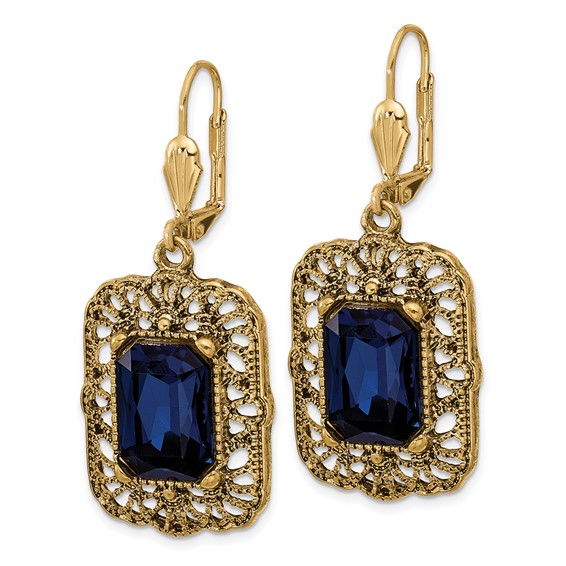 1928 Gold-tone Blue Crystal Square Dangle Leverback Earrings
