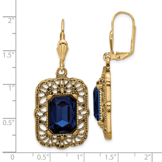 1928 Gold-tone Blue Crystal Square Dangle Leverback Earrings