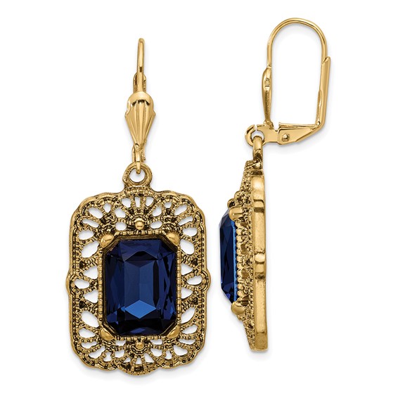 1928 Gold-tone Blue Crystal Square Dangle Leverback Earrings