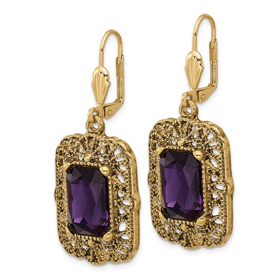 1928 Gold-tone Purple Crystal Square Dangle Leverback Earrings