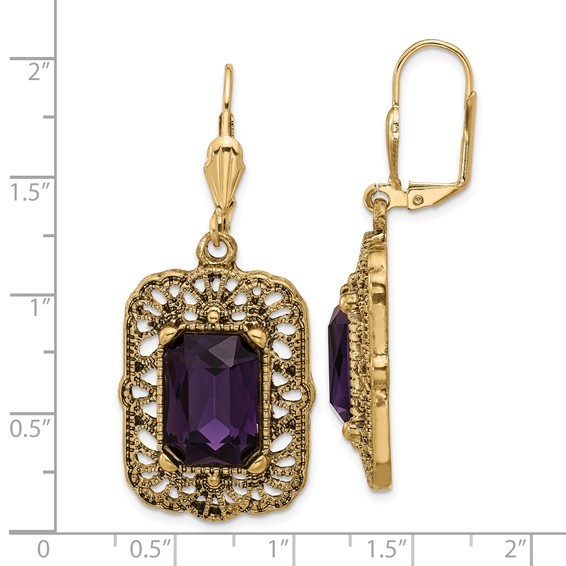 1928 Gold-tone Purple Crystal Square Dangle Leverback Earrings
