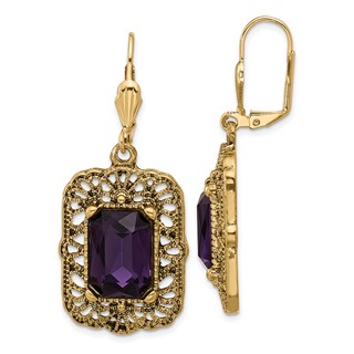 1928 Gold-tone Purple Crystal Square Dangle Leverback Earrings