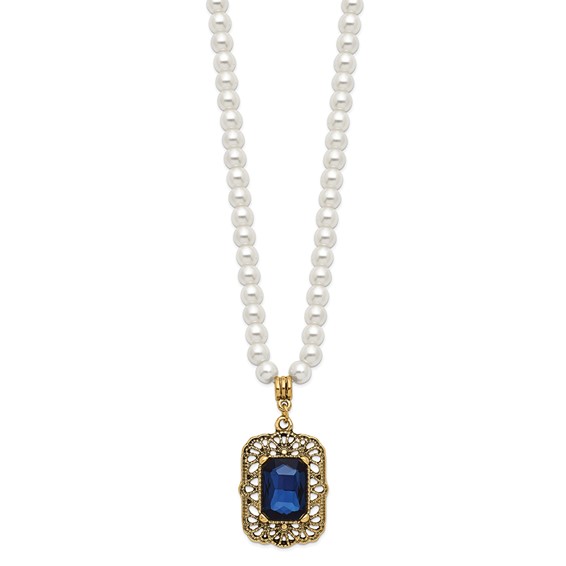 1928 Gold-tone Blue Crystal and Imitation Pearl 15 inch with a 3 inch Extender Drop Pendant Necklace