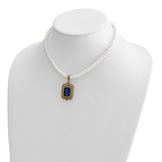 1928 Gold-tone Blue Crystal and Imitation Pearl 15 inch with a 3 inch Extender Drop Pendant Necklace