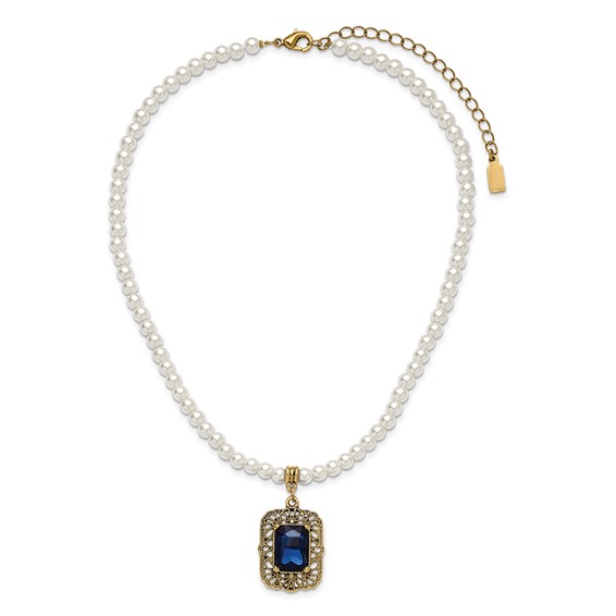1928 Gold-tone Blue Crystal and Imitation Pearl 15 inch with a 3 inch Extender Drop Pendant Necklace