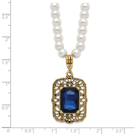 1928 Gold-tone Blue Crystal and Imitation Pearl 15 inch with a 3 inch Extender Drop Pendant Necklace