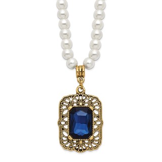 1928 Gold-tone Blue Crystal and Imitation Pearl 15 inch with a 3 inch Extender Drop Pendant Necklace