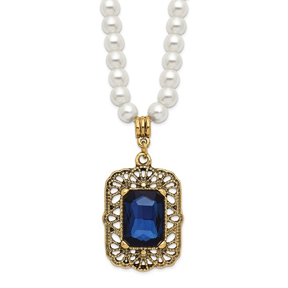1928 Gold-tone Blue Crystal and Imitation Pearl 15 inch with a 3 inch Extender Drop Pendant Necklace