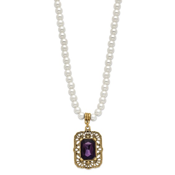 1928 Gold-tone Purple Crystal and Imitation Pearl 15 inch with a 3 inch Extender Drop Pendant Necklace