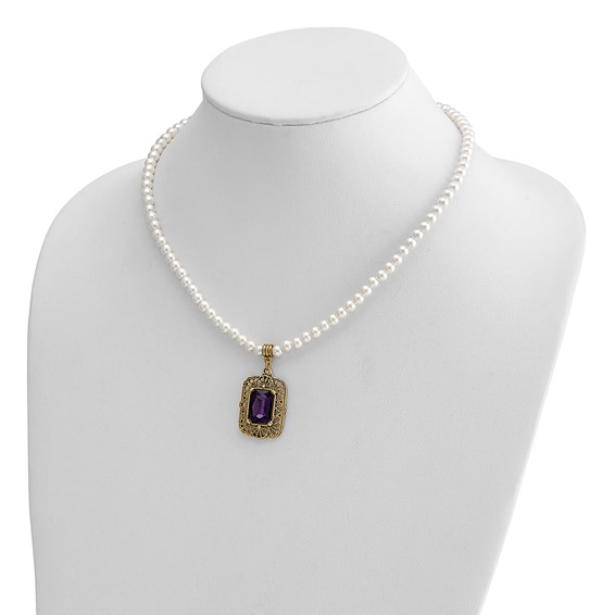 1928 Gold-tone Purple Crystal and Imitation Pearl 15 inch with a 3 inch Extender Drop Pendant Necklace