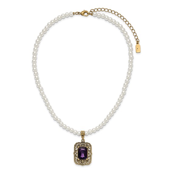 1928 Gold-tone Purple Crystal and Imitation Pearl 15 inch with a 3 inch Extender Drop Pendant Necklace
