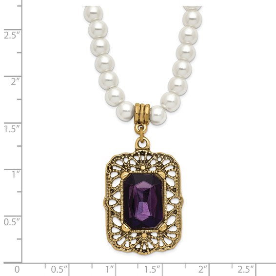 1928 Gold-tone Purple Crystal and Imitation Pearl 15 inch with a 3 inch Extender Drop Pendant Necklace