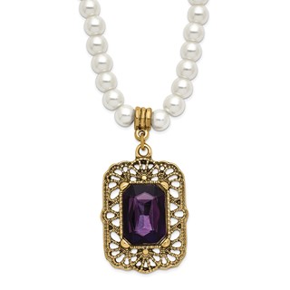 1928 Gold-tone Purple Crystal and Imitation Pearl 15 inch with a 3 inch Extender Drop Pendant Necklace