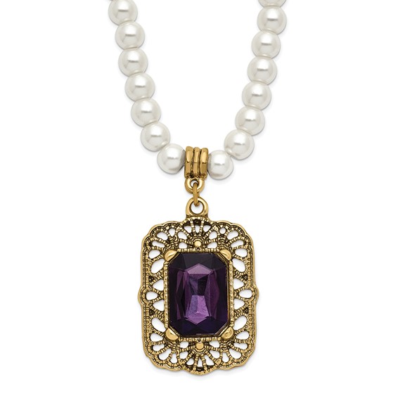 1928 Gold-tone Purple Crystal and Imitation Pearl 15 inch with a 3 inch Extender Drop Pendant Necklace