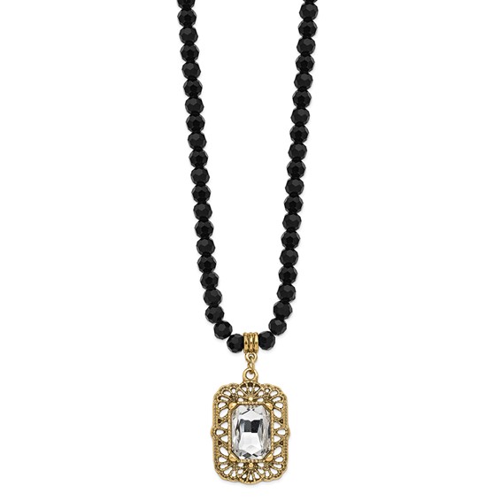 1928 Gold-tone White Crystal Black Bead 15 inch with a 3 inch Extender Drop Pendant Necklace