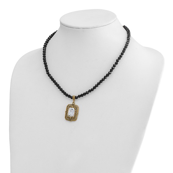 1928 Gold-tone White Crystal Black Bead 15 inch with a 3 inch Extender Drop Pendant Necklace