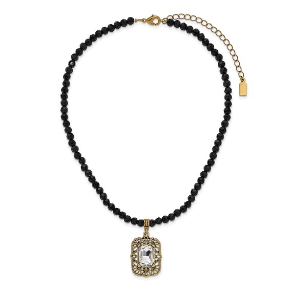 1928 Gold-tone White Crystal Black Bead 15 inch with a 3 inch Extender Drop Pendant Necklace