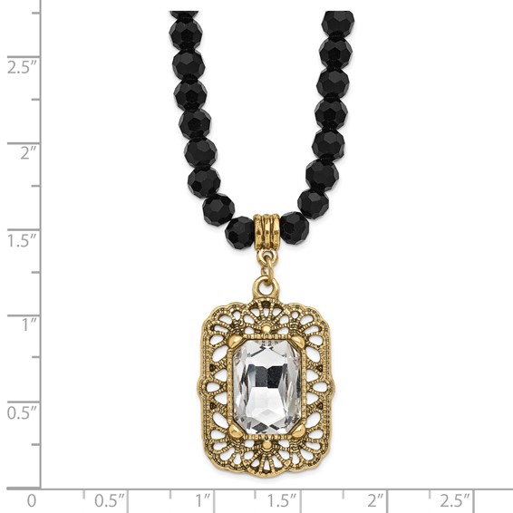 1928 Gold-tone White Crystal Black Bead 15 inch with a 3 inch Extender Drop Pendant Necklace