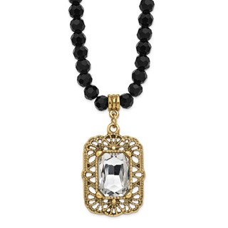 1928 Gold-tone White Crystal Black Bead 15 inch with a 3 inch Extender Drop Pendant Necklace