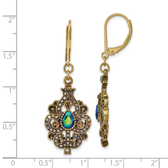 1928 Antique Gold-tone Blue Glass Aurora Borealis Sheen Leverback Dangle Earrings
