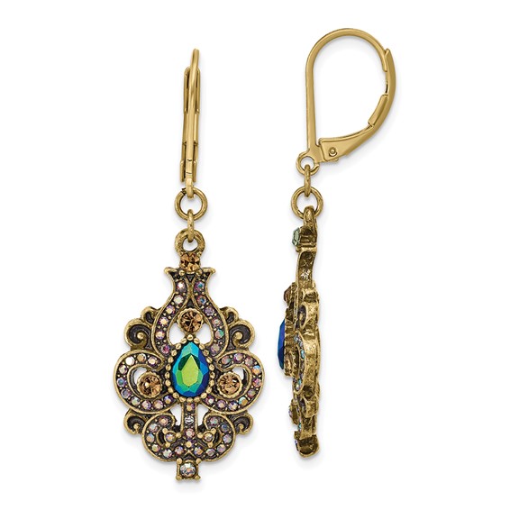 1928 Antique Gold-tone Blue Glass Aurora Borealis Sheen Leverback Dangle Earrings