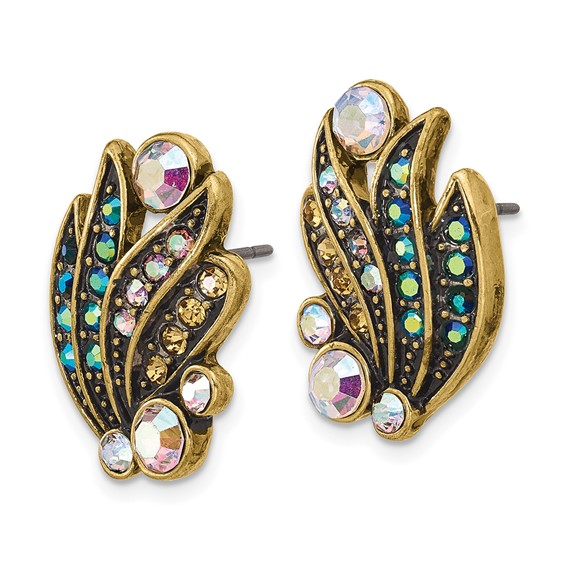 1928 Antique Gold-tone Mirror with Glass Aurora Borealis Stone Petal Post Earrings