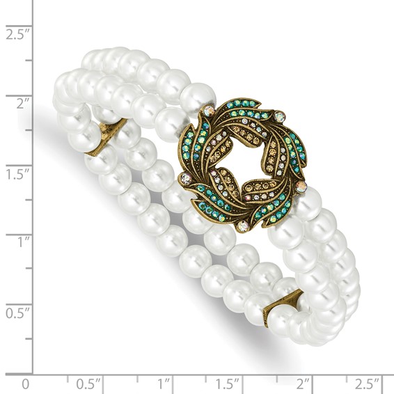 1928 Antique Gold-tone Imitation Pearl and Glass Wreath Stretch Bracelet