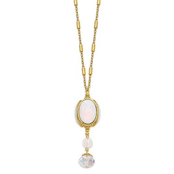 1928 Gold-tone Crystal and Imitation Opal Three Side Spinner Drop 28 inch Necklace