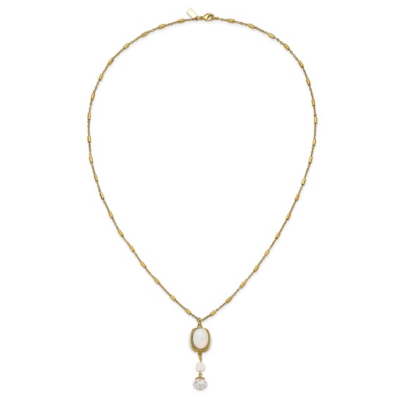 1928 Gold-tone Crystal and Imitation Opal Three Side Spinner Drop 28 inch Necklace