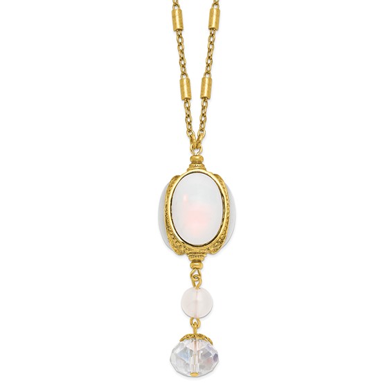 1928 Gold-tone Crystal and Imitation Opal Three Side Spinner Drop 28 inch Necklace
