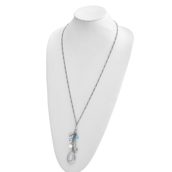 1928 Silver-tone Blue Crystal and Mother Of Pearl Charm Oval 30 inch Locket Necklace