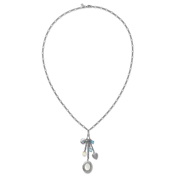 1928 Silver-tone Blue Crystal and Mother Of Pearl Charm Oval 30 inch Locket Necklace