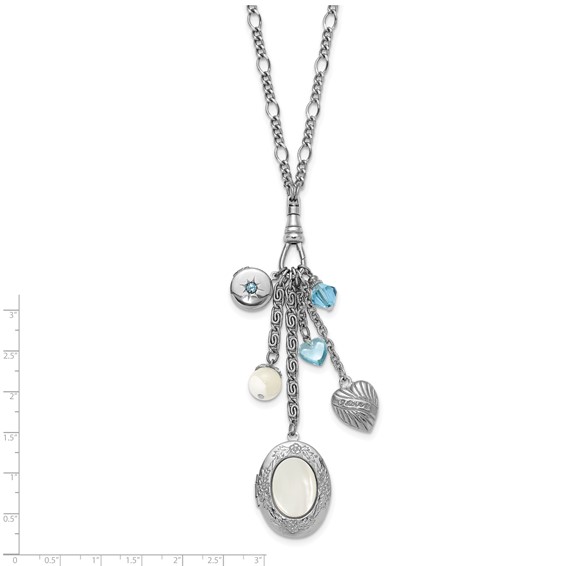 1928 Silver-tone Blue Crystal and Mother Of Pearl Charm Oval 30 inch Locket Necklace