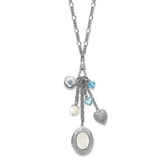 1928 Silver-tone Blue Crystal and Mother Of Pearl Charm Oval 30 inch Locket Necklace