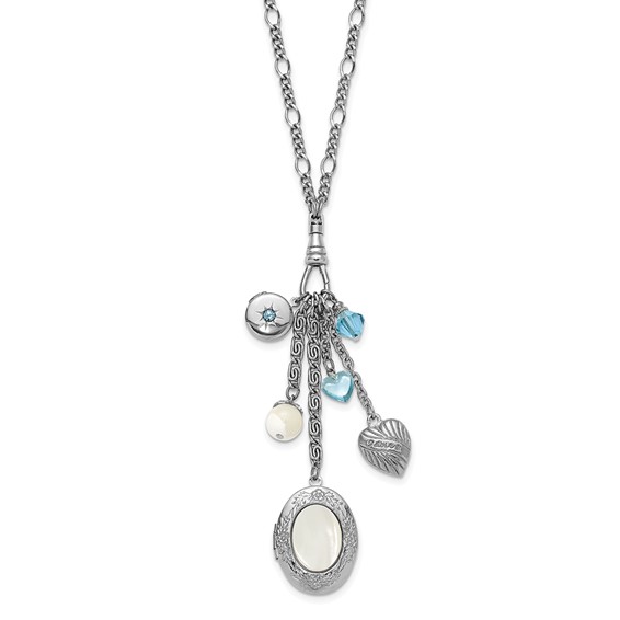 1928 Silver-tone Blue Crystal and Mother Of Pearl Charm Oval 30 inch Locket Necklace