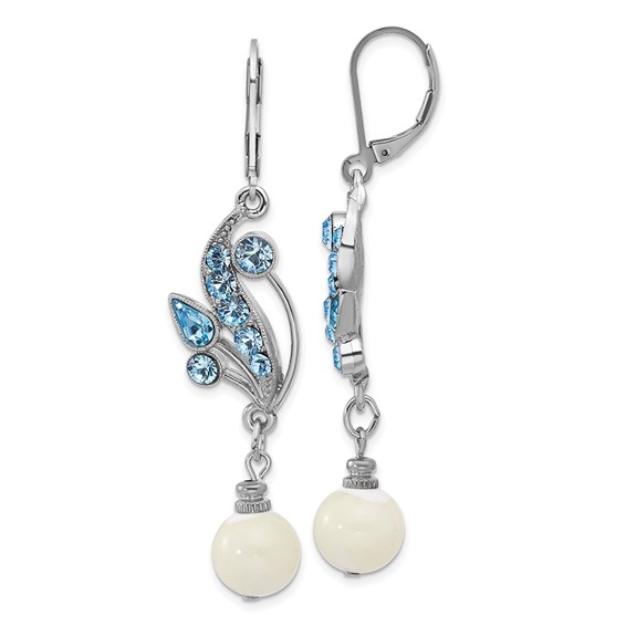 1928 Silver-tone Blue Crystal and Mother Of Pearl Dangle Leverback Earrings