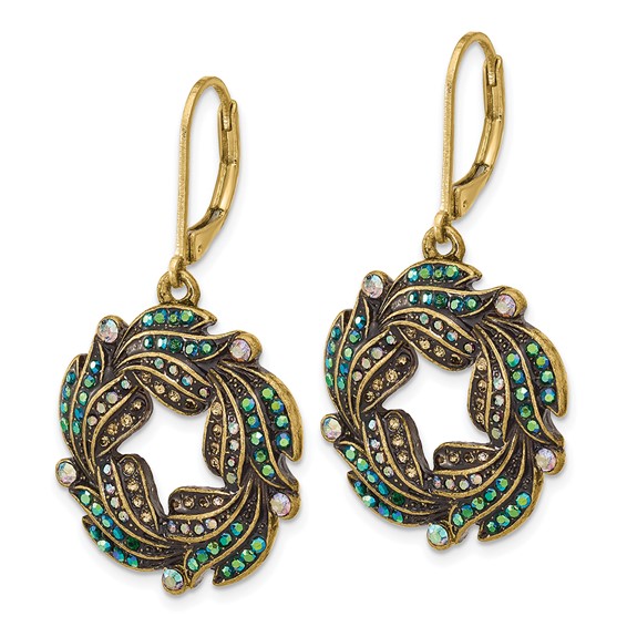 1928 Gold-tone Blue Iridescent Aurora Borealis Glass Wreath Leverback Dangle Earrings