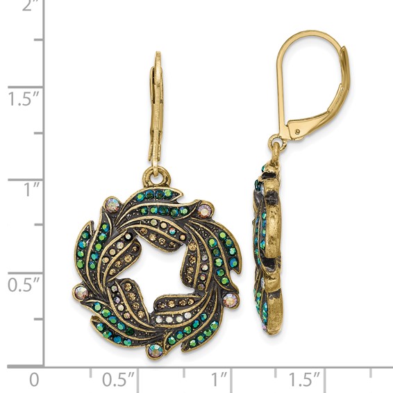 1928 Gold-tone Blue Iridescent Aurora Borealis Glass Wreath Leverback Dangle Earrings