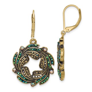 1928 Gold-tone Blue Iridescent Aurora Borealis Glass Wreath Leverback Dangle Earrings