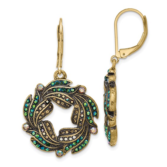 1928 Gold-tone Blue Iridescent Aurora Borealis Glass Wreath Leverback Dangle Earrings