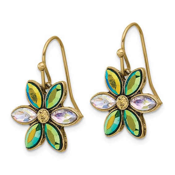 1928 Gold-tone Blue Iridescent Aurora Borealis Glass Stone Flower Dangle Earrings