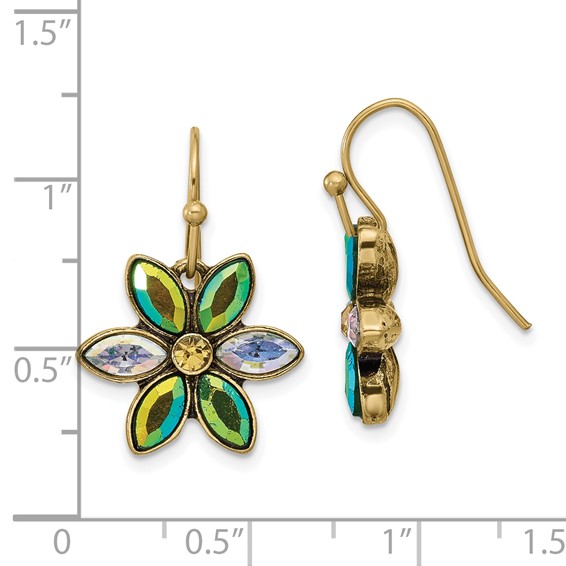 1928 Gold-tone Blue Iridescent Aurora Borealis Glass Stone Flower Dangle Earrings
