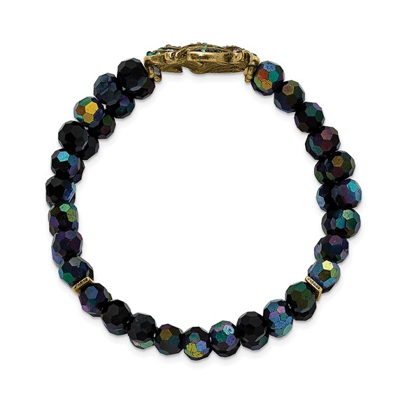 1928 Gold-tone Blue Iridescent Aurora Borealis Glass Wreath and Black Bead Bracelet