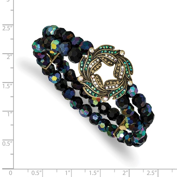 1928 Gold-tone Blue Iridescent Aurora Borealis Glass Wreath and Black Bead Bracelet