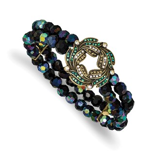 1928 Gold-tone Blue Iridescent Aurora Borealis Glass Wreath and Black Bead Bracelet